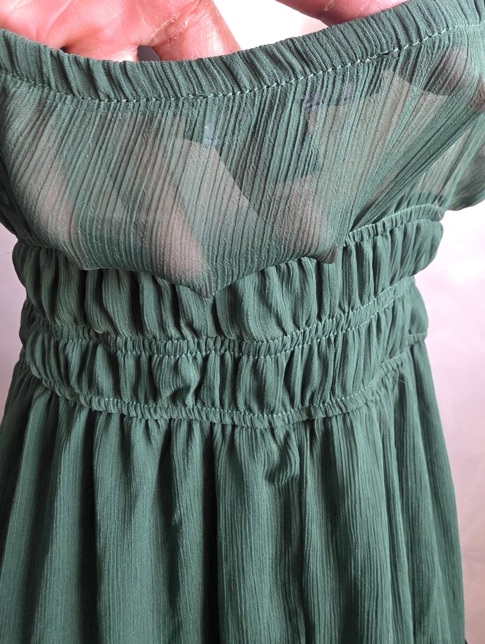 Women's Sleeveless Deep Green V Neck Dress Ruffle Tiered Midi Sz L Babydoll - Picture 7 of 9